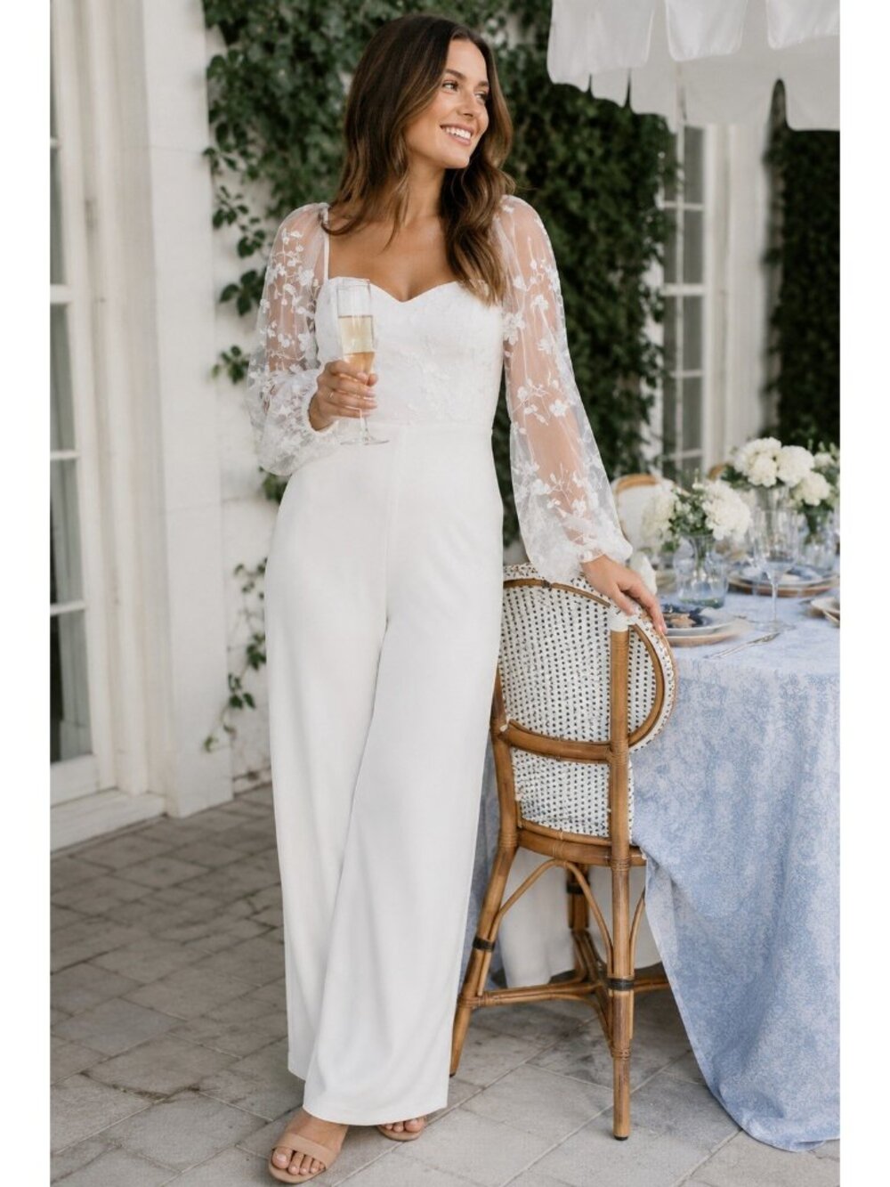 Lulus Darling Charisma Jumpsuit Sz Small White Bridal Embroidered Mesh Wide Leg